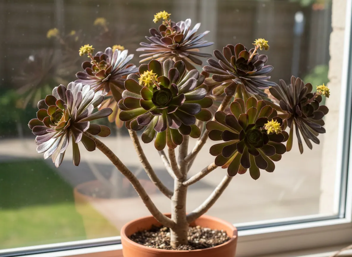 Aeonium drzewiaste o rozetach liści na zdrewniałych łodygach w donicy