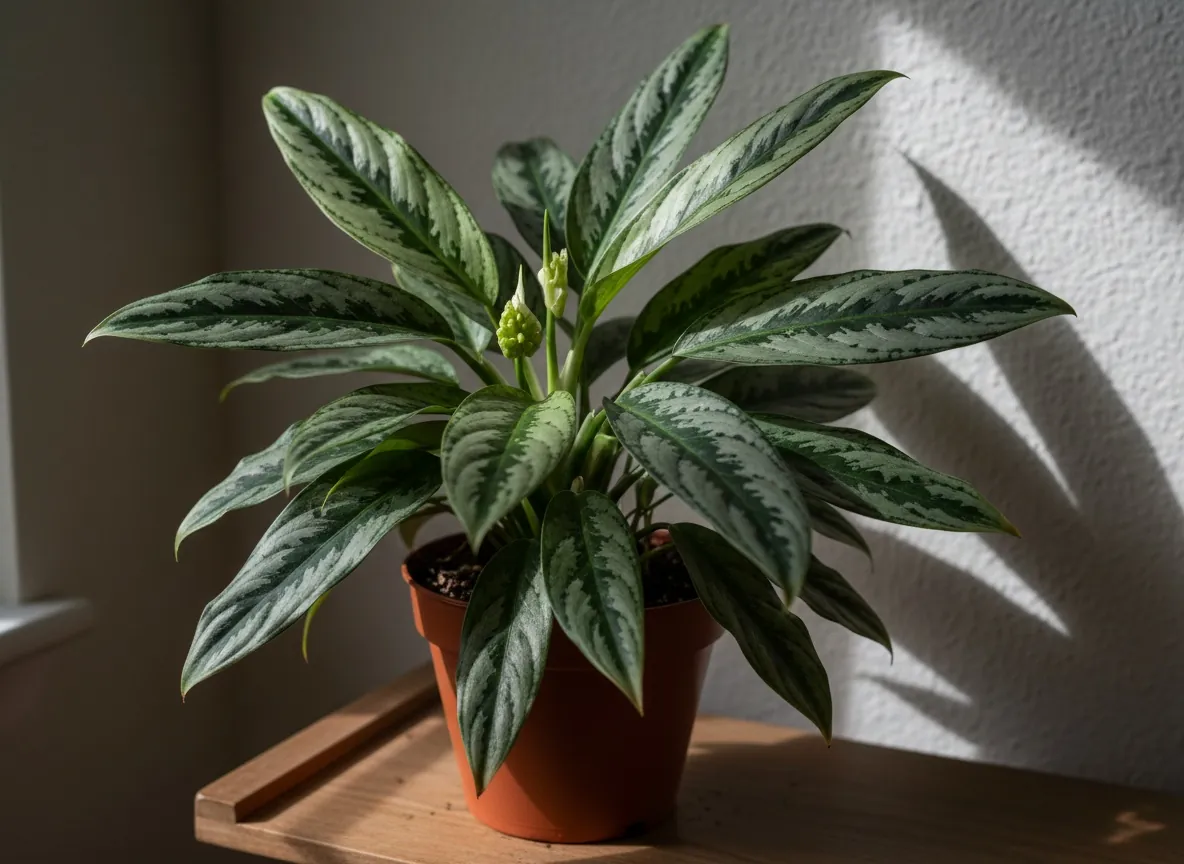 Aglaonema zmienna w doniczce o zielono-srebrzystych, ozdobnych liściach