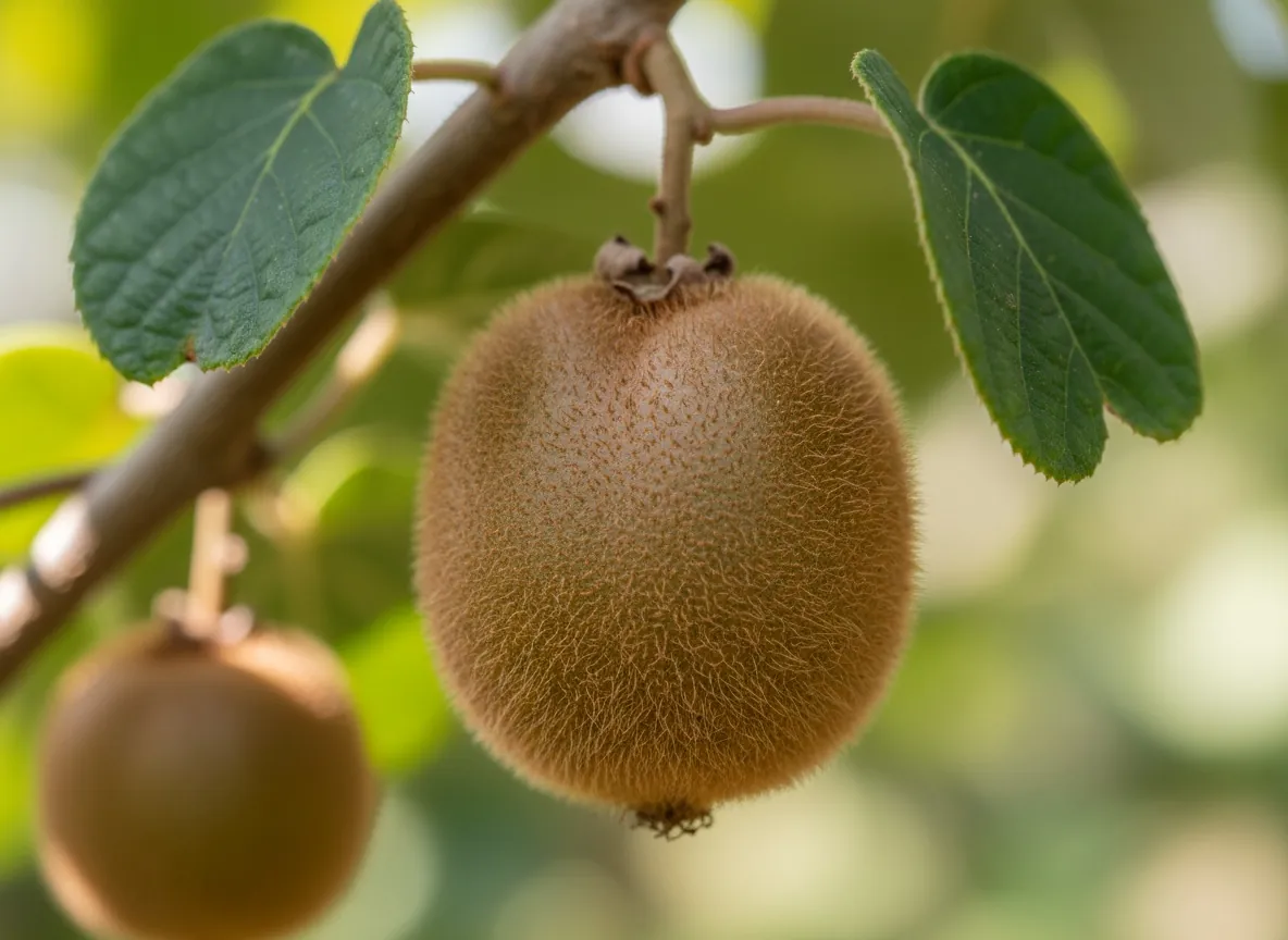 Owłosione brązowe owoce kiwi na pędzie aktinidii chińskiej