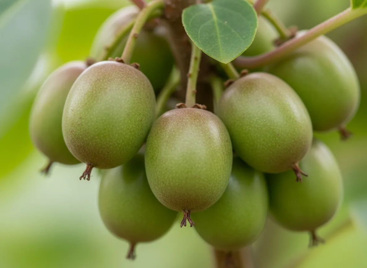 Nahaufnahme der glatten, grünen Mini-Kiwi-Früchte der Kiwibeere