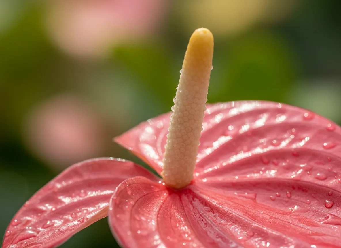 Close-up of the red, waxy spathe of an anthurium with a yellow spadix