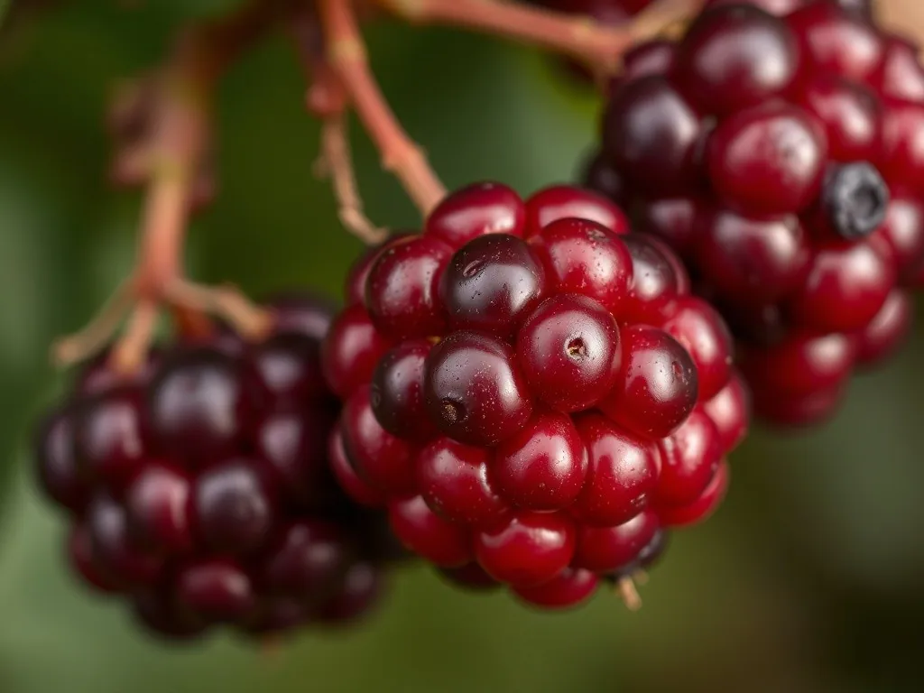 Nahaufnahme der schwarzen, leicht bereiften Früchte der Aronia in einer Traube
