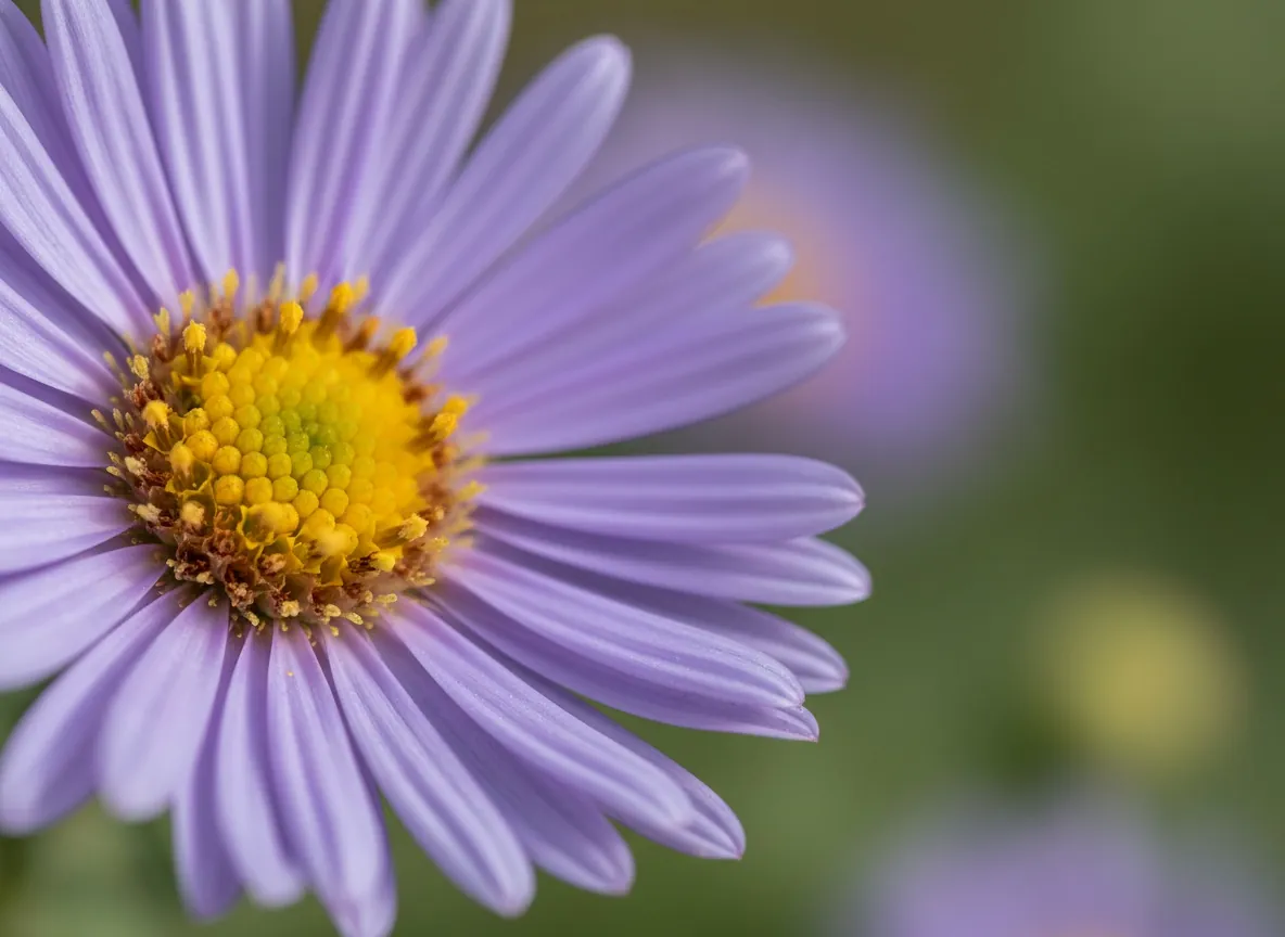 Nahaufnahme kleiner, sternförmiger violetter Asternblüten mit gelber Mitte