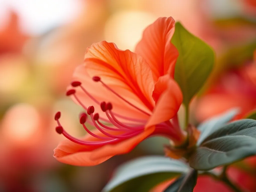 Nahaufnahme einer trichterförmigen, orange-roten Blüte der Japanischen Azalee