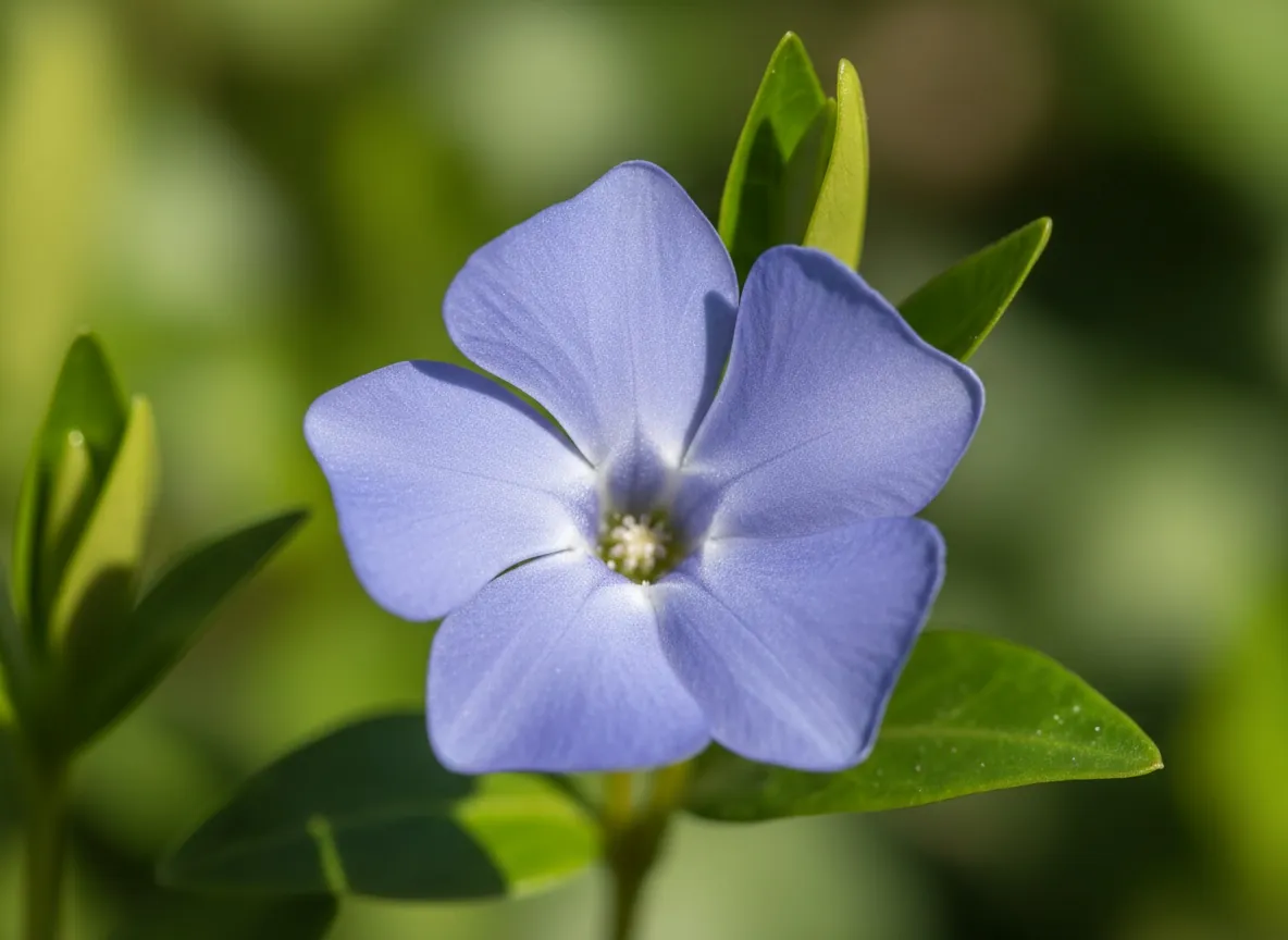 Nahaufnahme einer blauvioletten Immergrün-Blüte mit fünf gedrehten Kronblättern