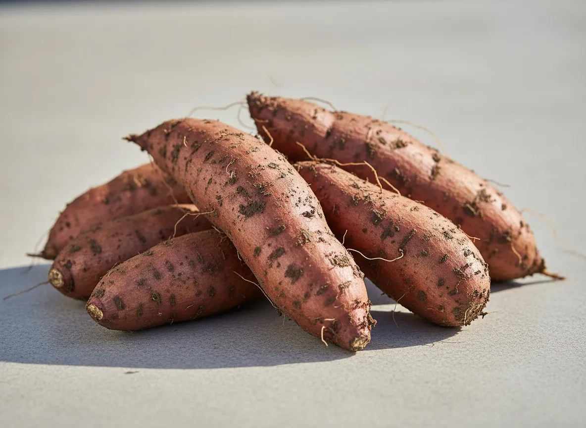 Wykopane bulwy korzeniowe batata o pomarańczowej skórce