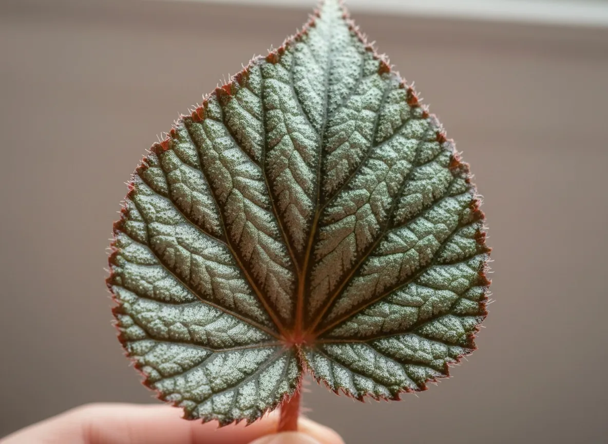 Close-up of the asymmetric, wing-shaped leaf of an angel wing begonia, with silvery spots
