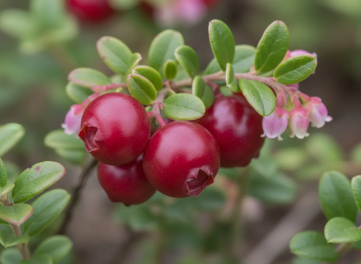 Nahaufnahme roter, glänzender Preiselbeeren zwischen kleinen immergrünen Blättern