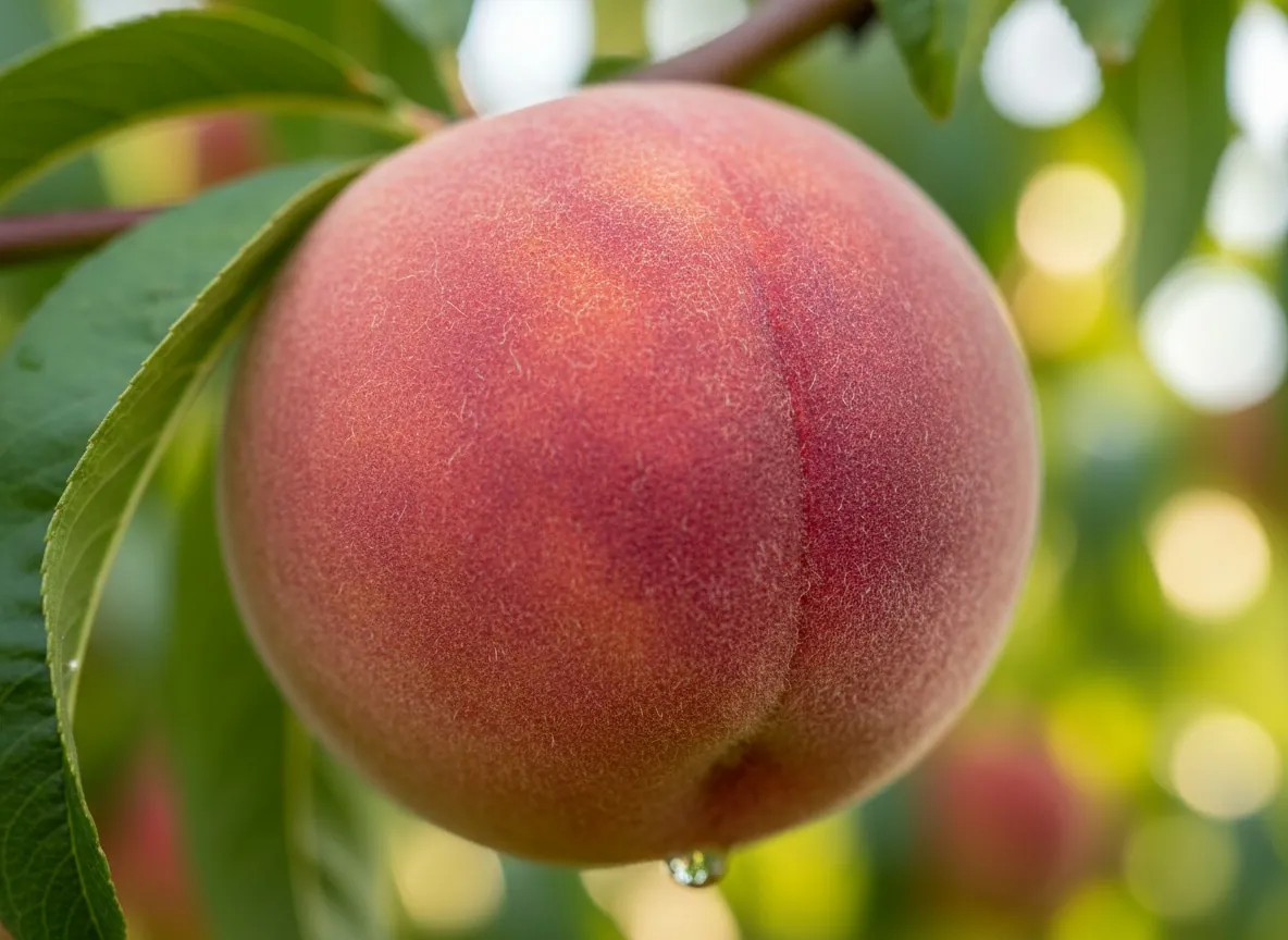 Ripe peaches with velvety skin and a red blush on the branch