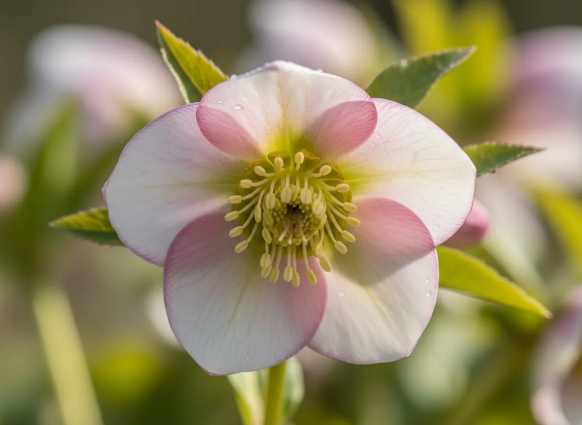 Close-up of a white Christmas rose flower with a bunch of yellow stamens