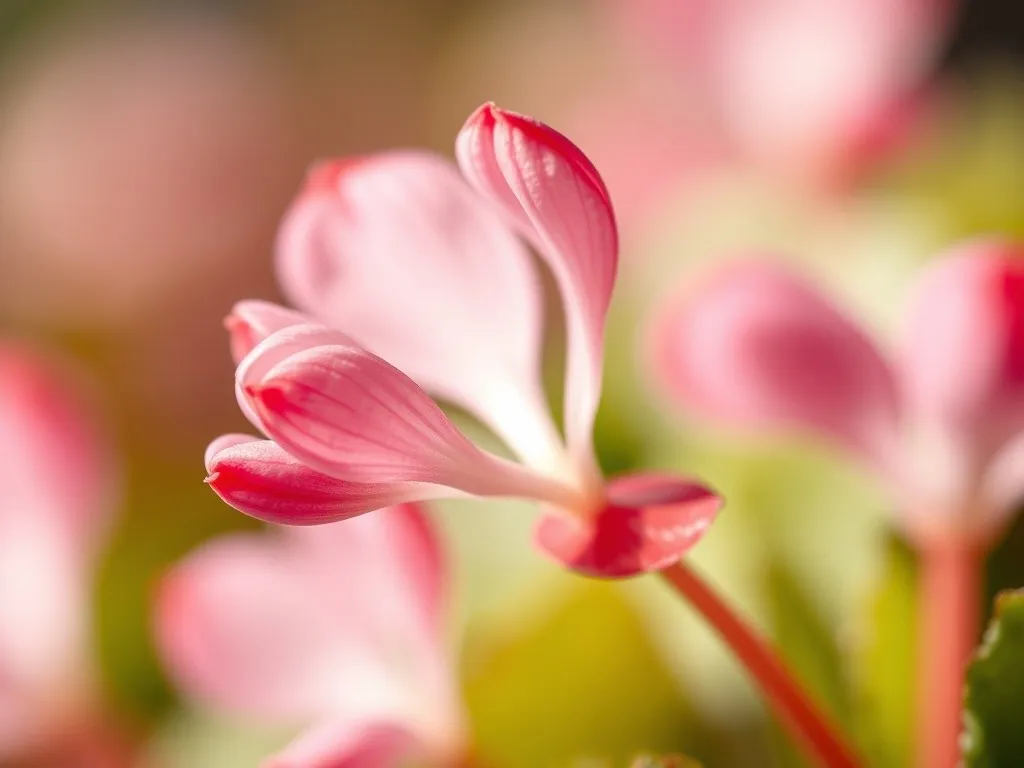 Nahaufnahme einer nach oben gebogenen rosa Blüte des Persischen Alpenveilchens