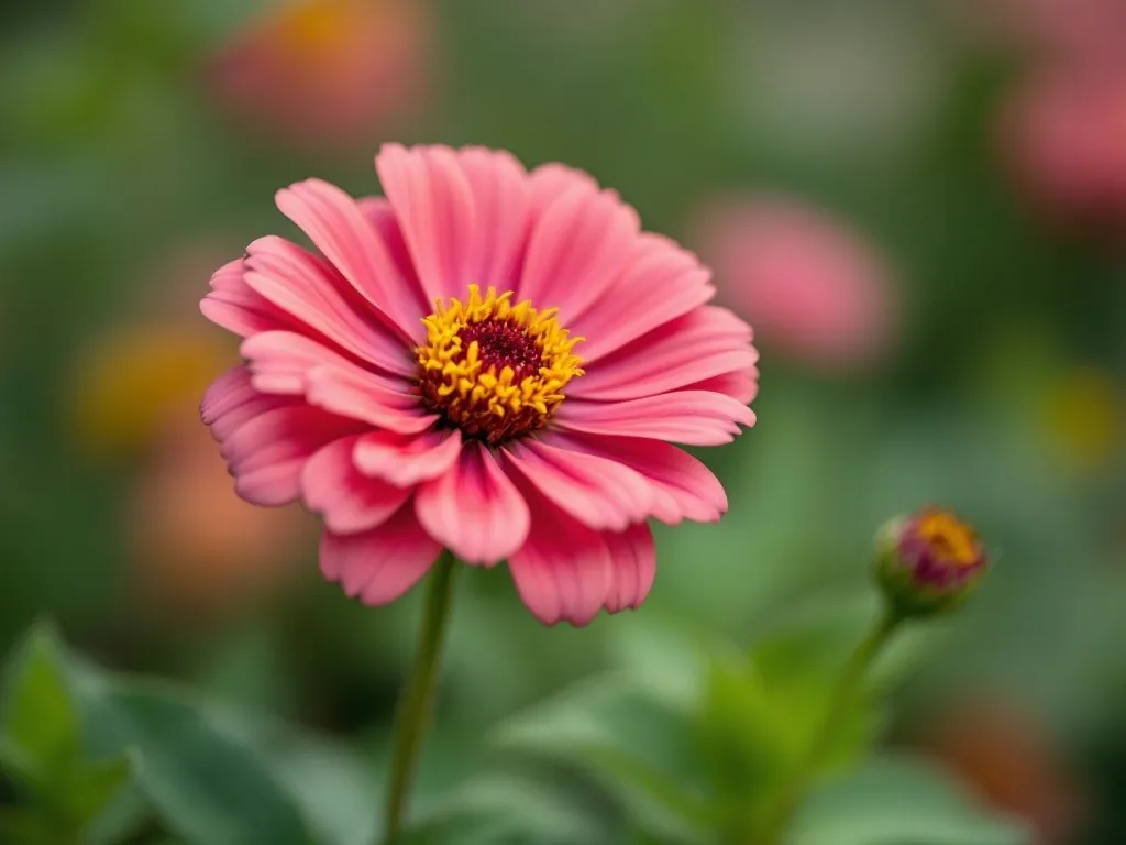 Close-up of a full, multicolored zinnia flower