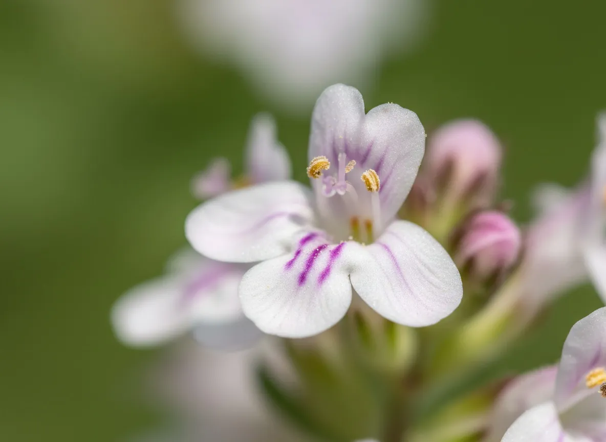Nahaufnahme der kleinen, weißrosa Blüten des Bohnenkrauts in den Blattachseln