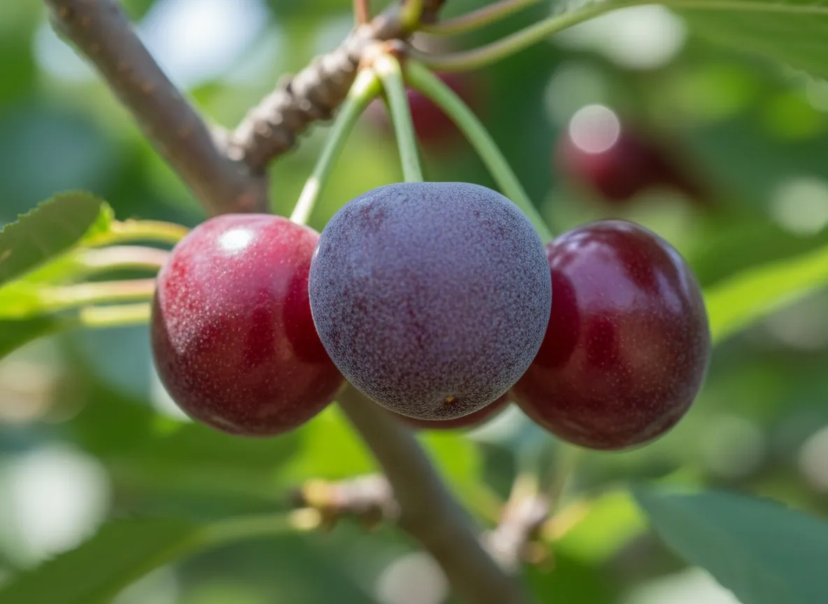 Ripe, dark red cherries on long stalks among the leaves