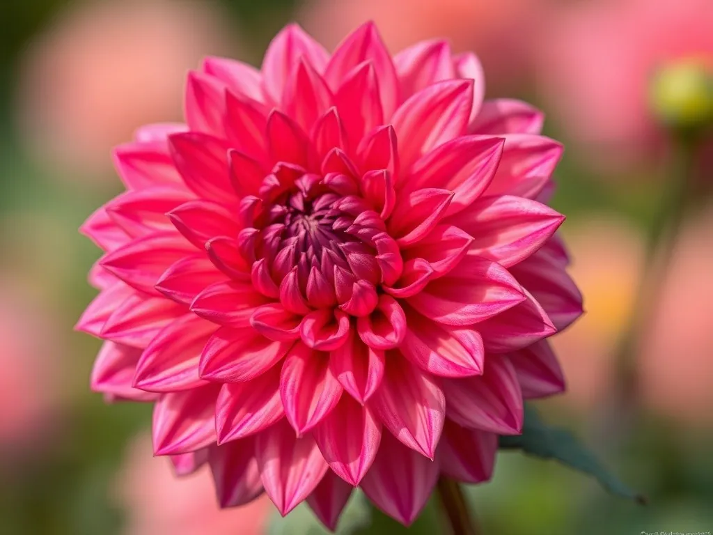Close-up of a large, double dahlia flower in red-pink
