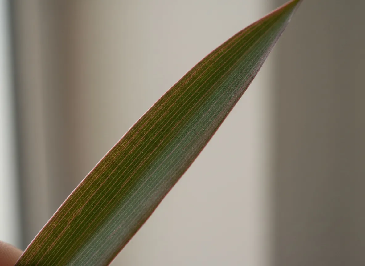 Nahaufnahme der schmalen grünen Blätter des Drachenbaums mit rotem Rand