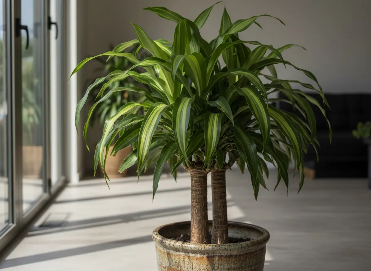 Dracena wonna odmiany Massangeana w doniczce, o zdrewniałych pniach i rozetach szerokich liści z żółtozieloną smugą pośrodku