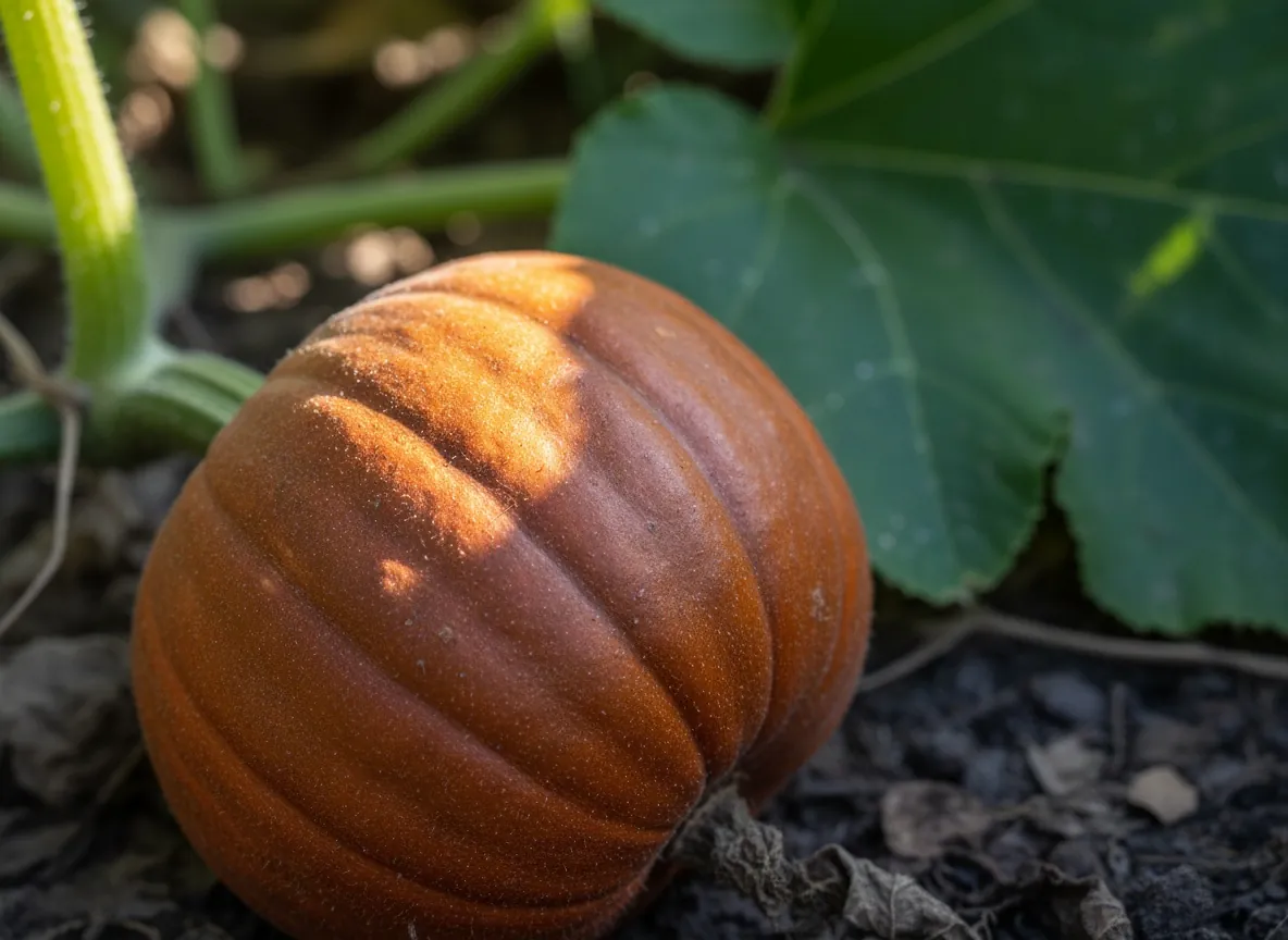 Close-up of the huge, spherical orange fruit of a giant pumpkin