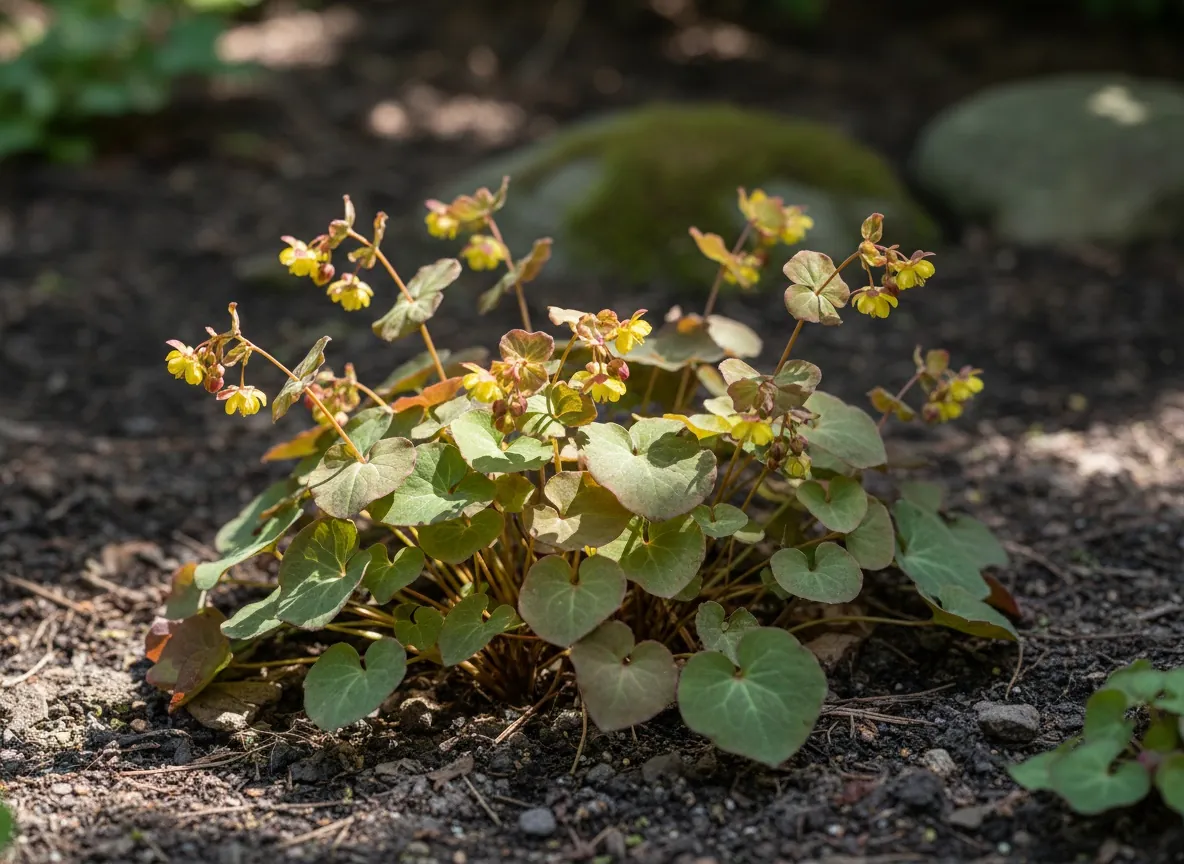 Niska okrywa epimedium barwnego z sercowatymi liśćmi i drobnymi żółtymi kwiatami
