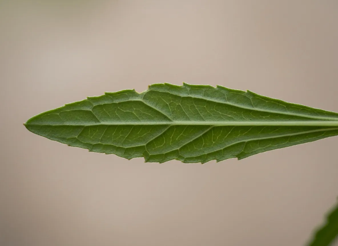 Close-up of the narrow, lanceolate, smooth leaves of tarragon