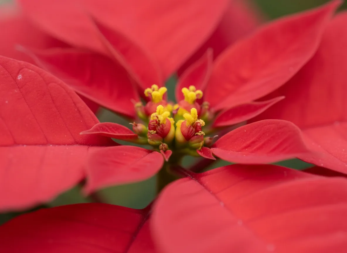 Close-up of the small yellow inflorescences of a poinsettia surrounded by red bracts