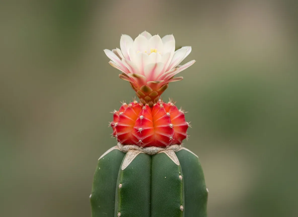 Cremerosa Blüte des Gymnocalyciums auf der nackten, dornenlosen Blütenröhre