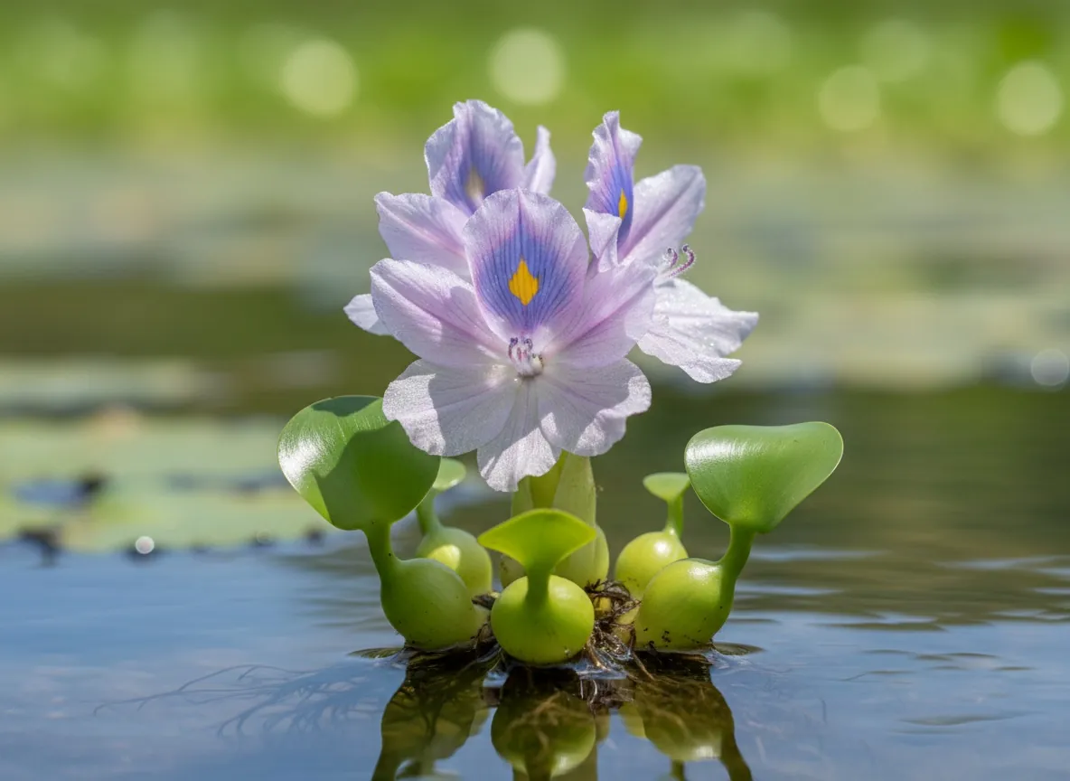 Violettblauer Blütenstand der Wasserhyazinthe mit gelbem Fleck auf dem oberen Blütenblatt