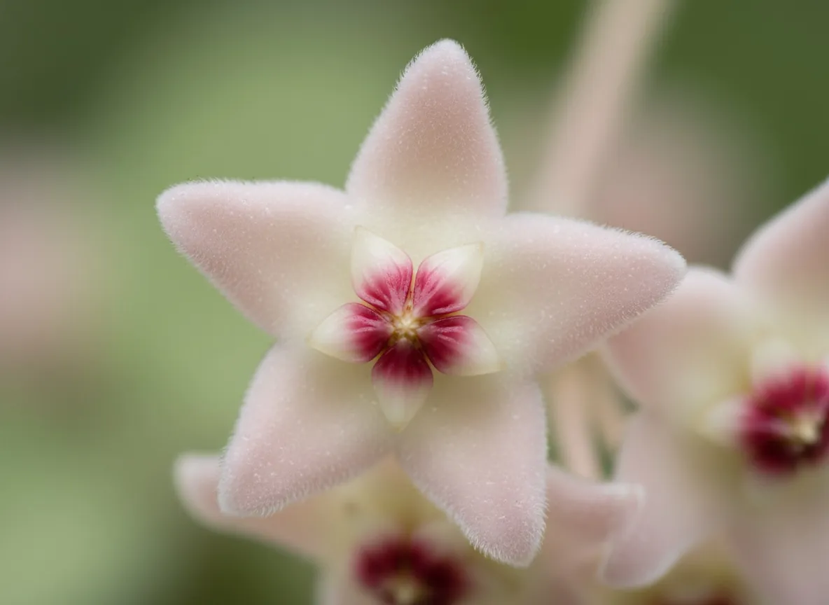 Nahaufnahme einer Dolde wachsartiger, weißrosa Blüten der Wachsblume mit rotem Krönchen