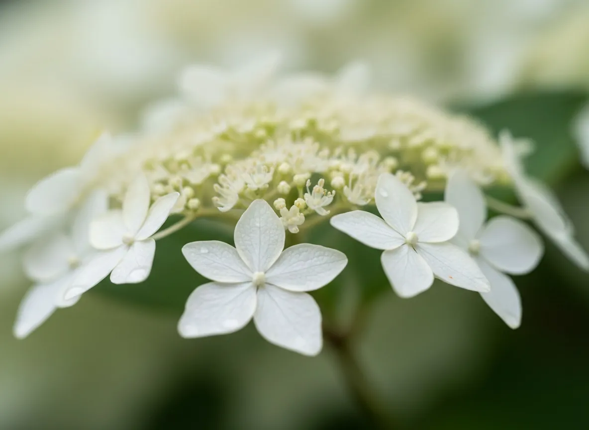 Close-up of the flat, white lacecap inflorescence of the climbing hydrangea