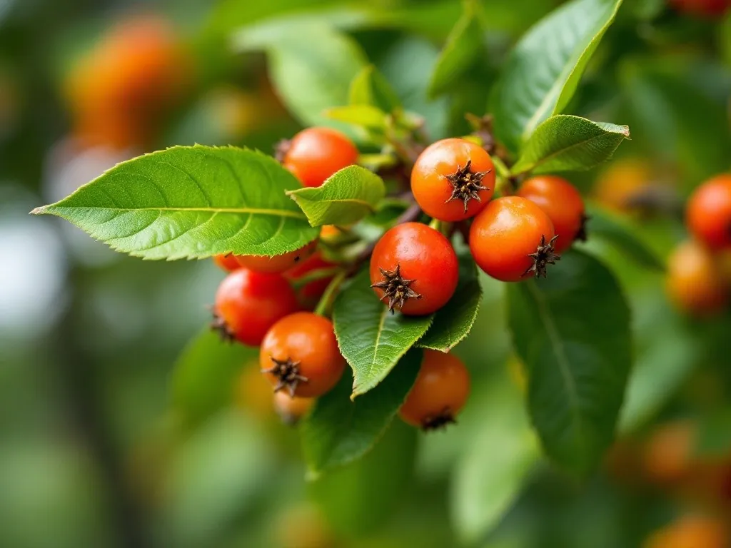 Schwarze, kugelige Früchte der Glänzenden Felsenmispel vor herbstlich rot gefärbtem Laub