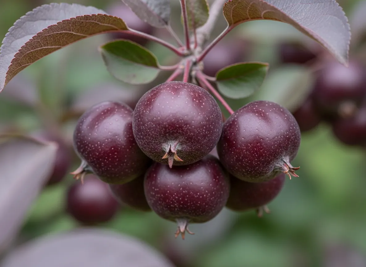 Small, dark red ornamental crabapples on a branch of the ornamental crabapple