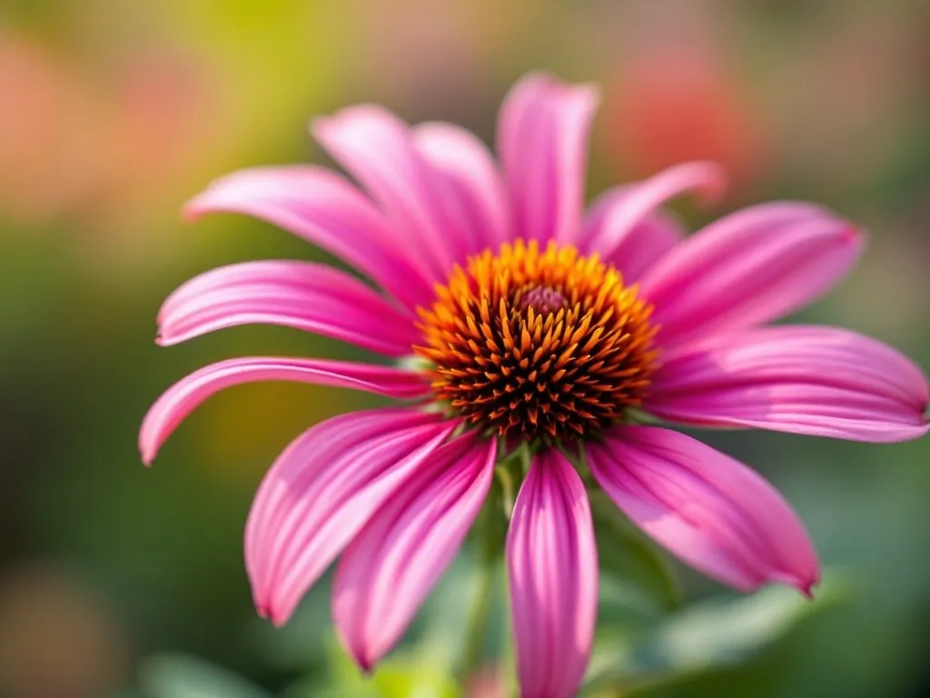 Nahaufnahme einer rosa-purpurnen Sonnenhutblüte mit stacheliger, brauner Mitte