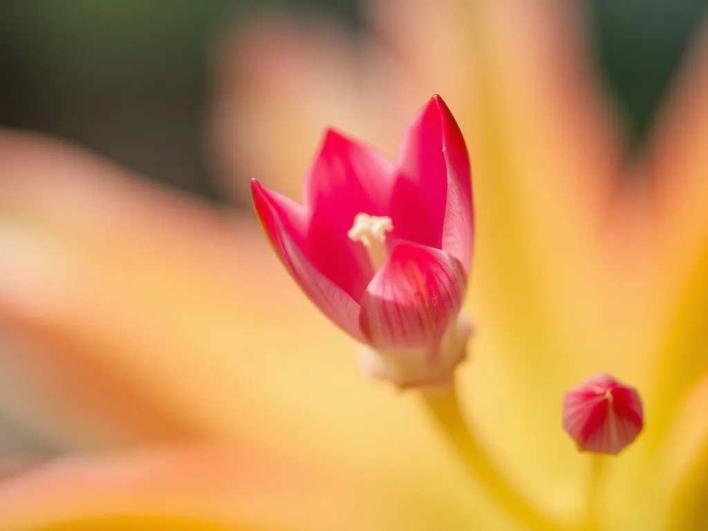 Nahaufnahme der röhrenförmigen, rosa-roten Blüte des Weihnachtskaktus