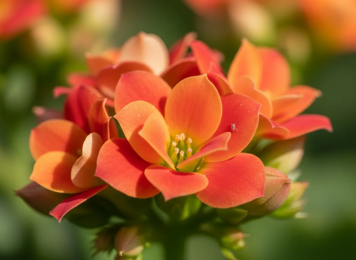 Close-up of an umbel of small, red kalanchoe flowers