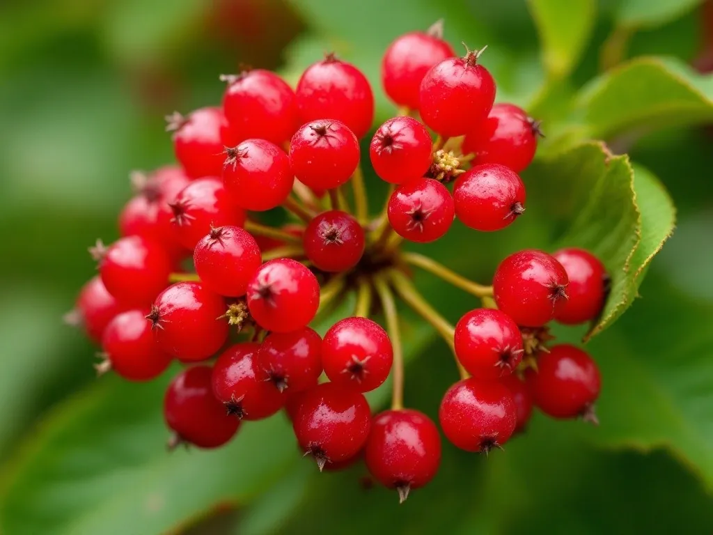 Red clusters of guelder rose fruits against a backdrop of autumn leaves