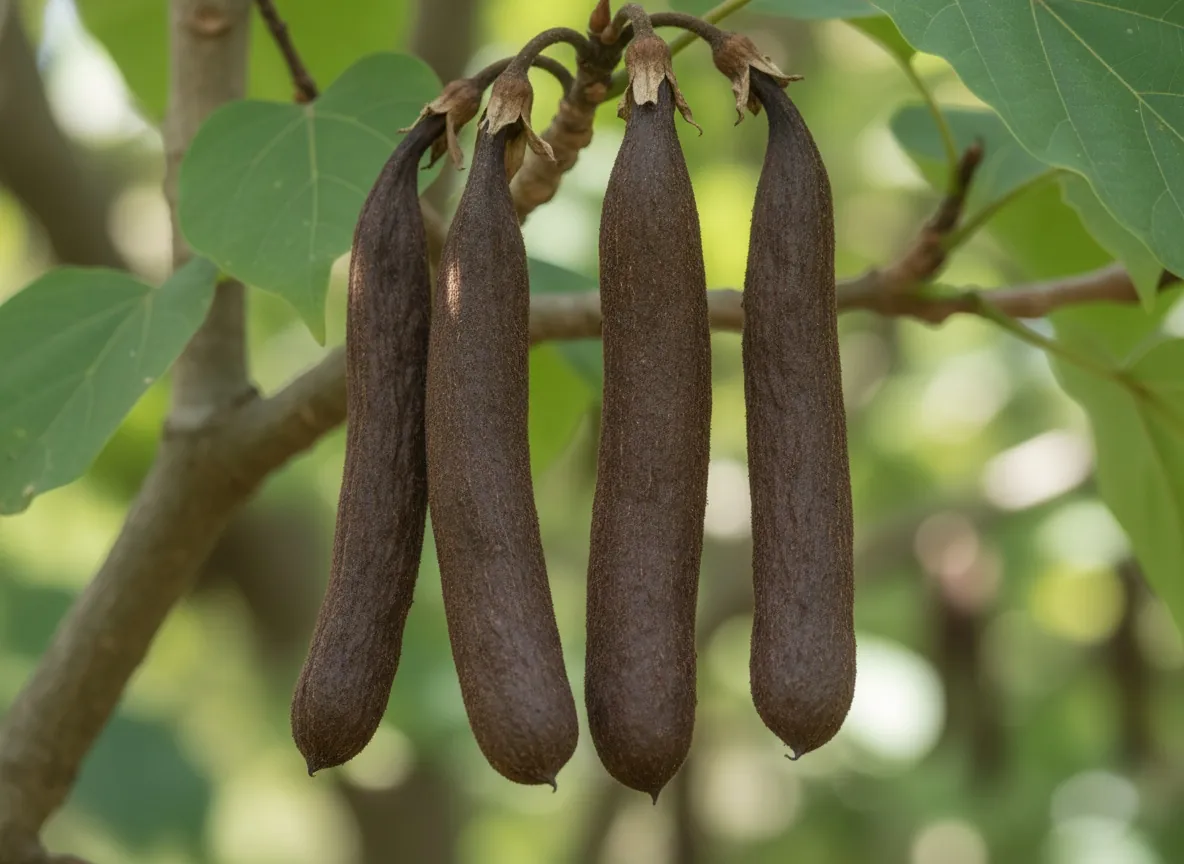 Long, thin catalpa pods hanging from the branches