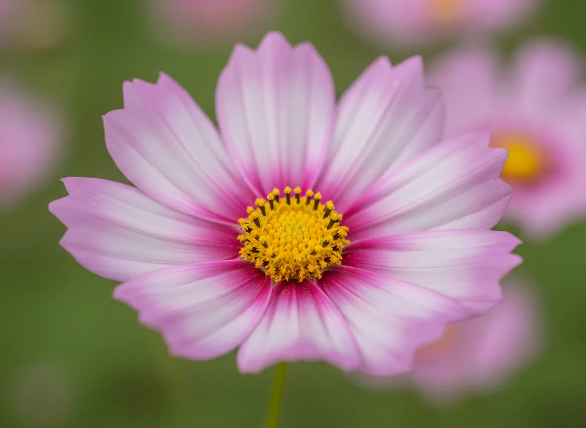 Close-up of a pink cosmos flower with a yellow centre
