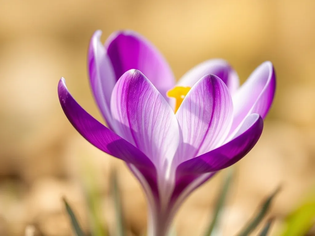 Close-up of a violet, cup-shaped flower of the spring crocus