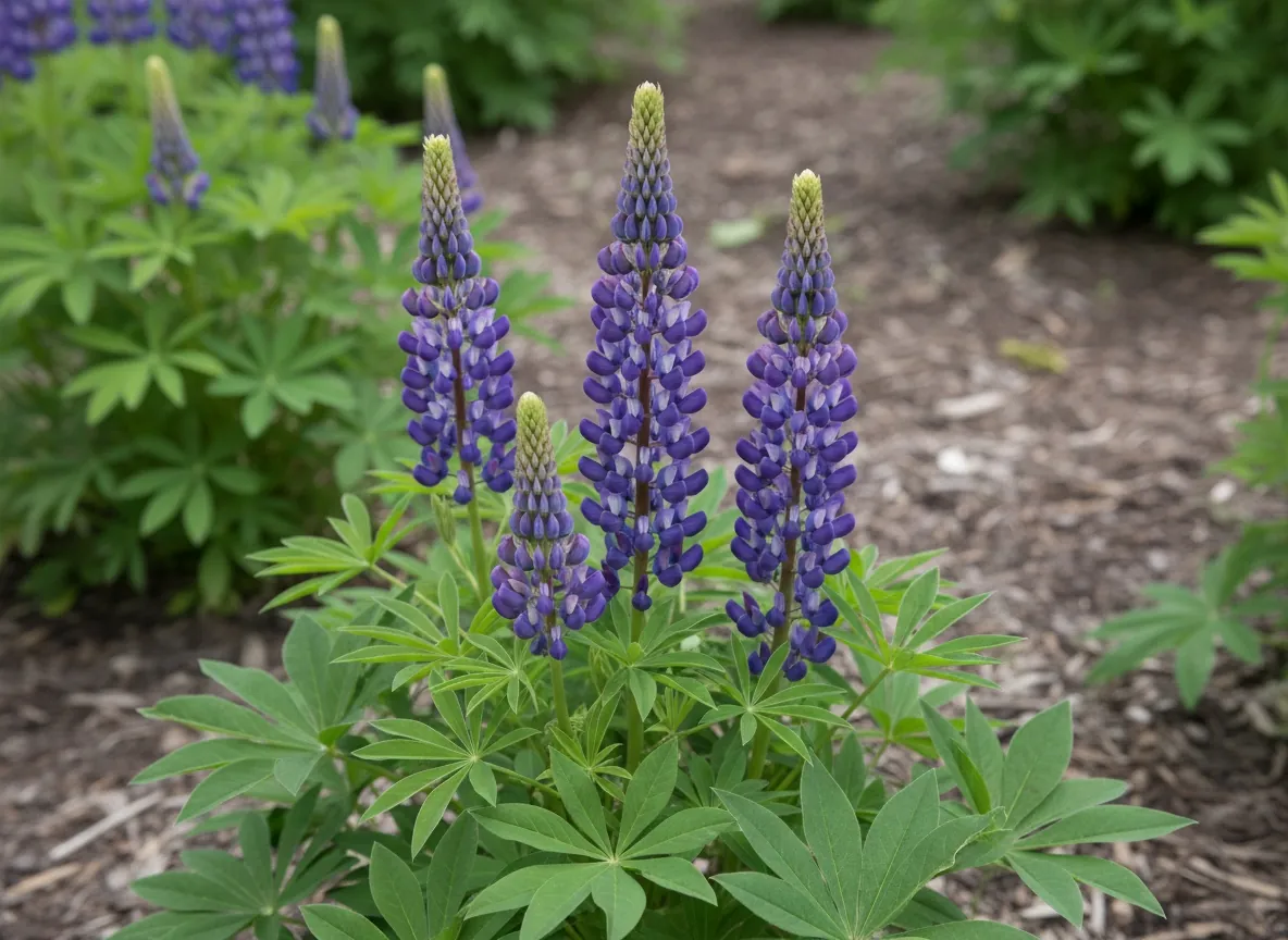 Kępa łubinu trwałego z pionowymi, kolorowymi kłosami kwiatów