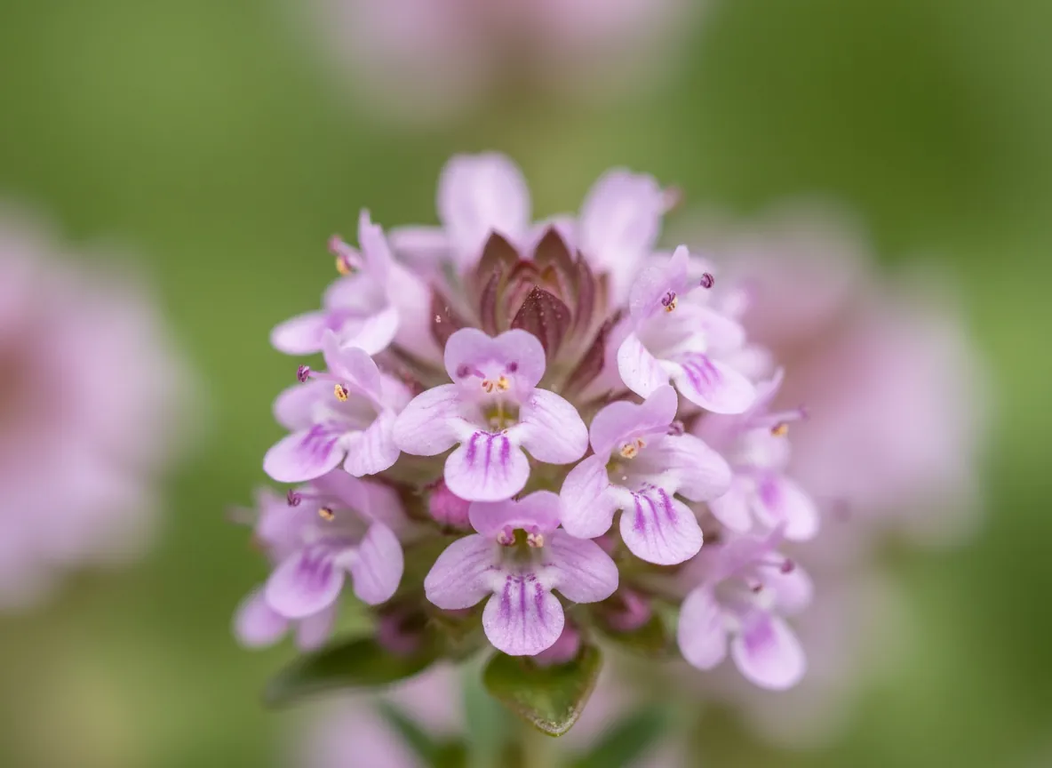 Close-up of globular heads of pink thyme flowers with a bee
