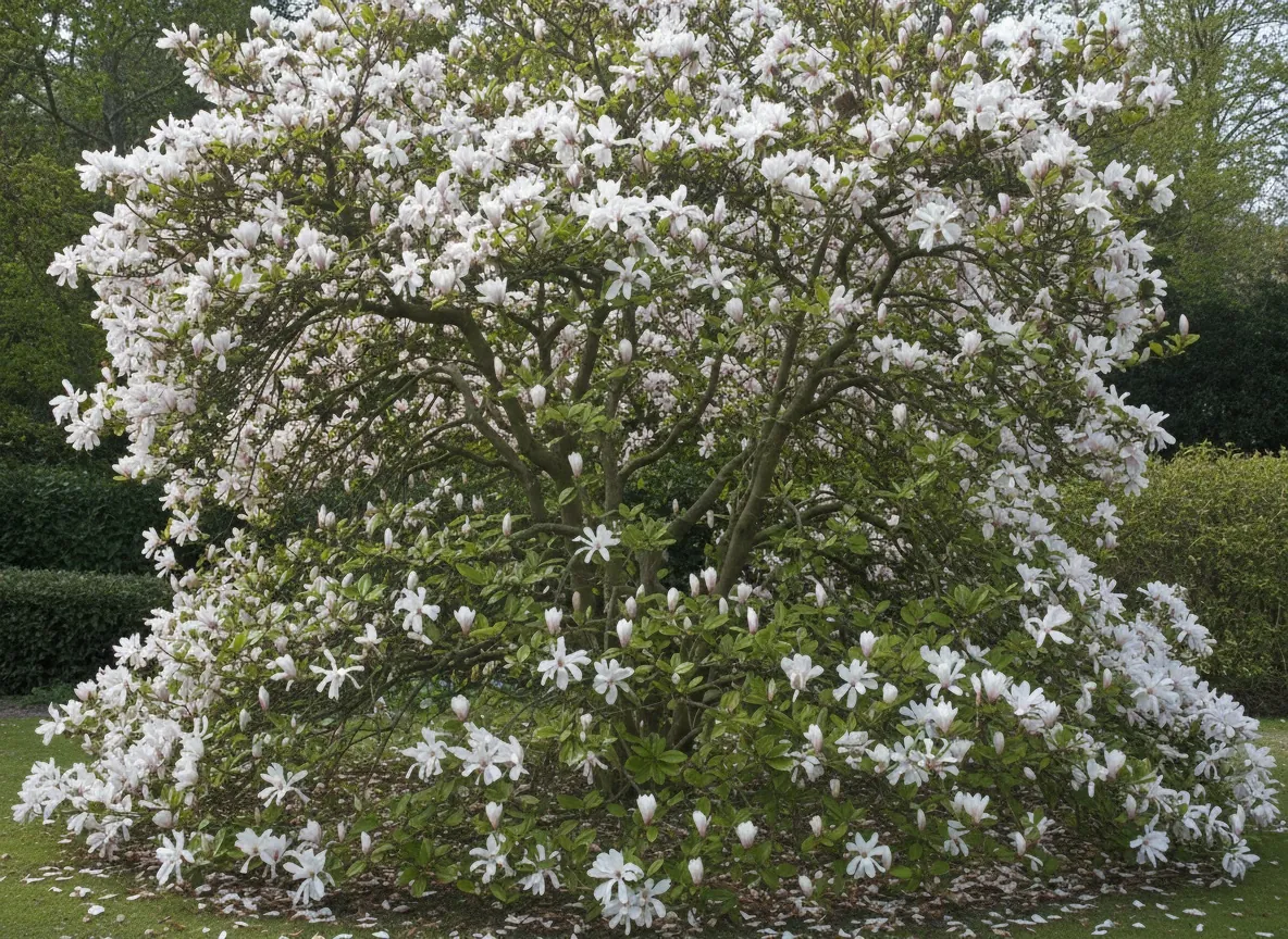Kwitnąca magnolia gwiaździsta — niski, rozłożysty krzew obsypany białymi, gwiaździstymi kwiatami o wąskich listkach okwiatu, jeszcze bez liści