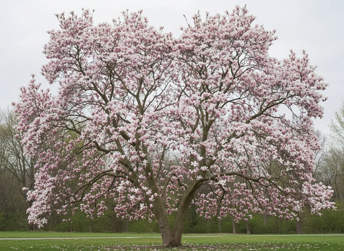 Kwitnąca magnolia pośrednia obsypana różowymi kwiatami