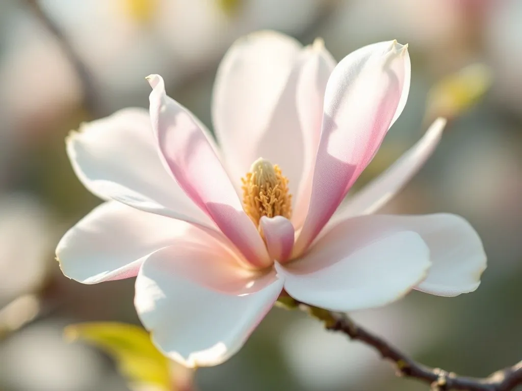 Close-up of a goblet-shaped, pink-and-white magnolia flower