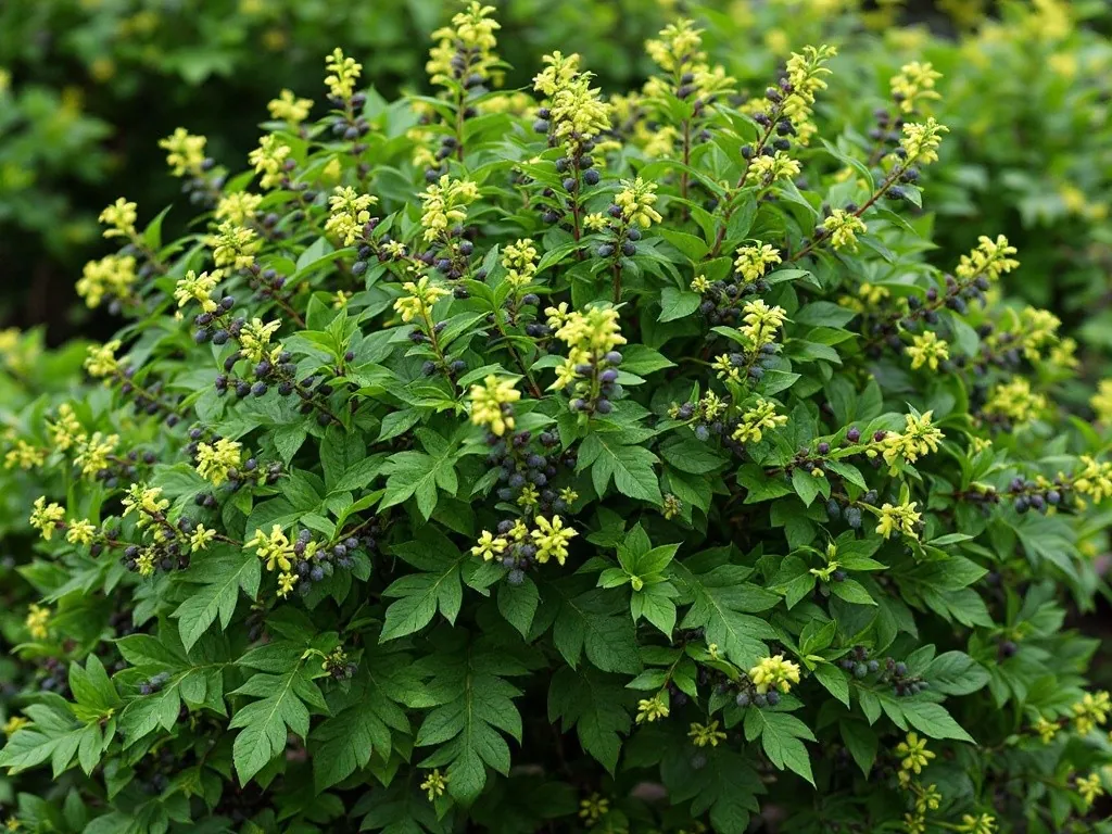 Kwitnąca mahonia pospolita z żółtymi kwiatostanami i kolczastymi, błyszczącymi liśćmi