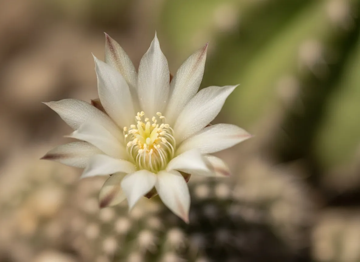 Ring of small, cream-pink flowers around the top of a mammillaria stem