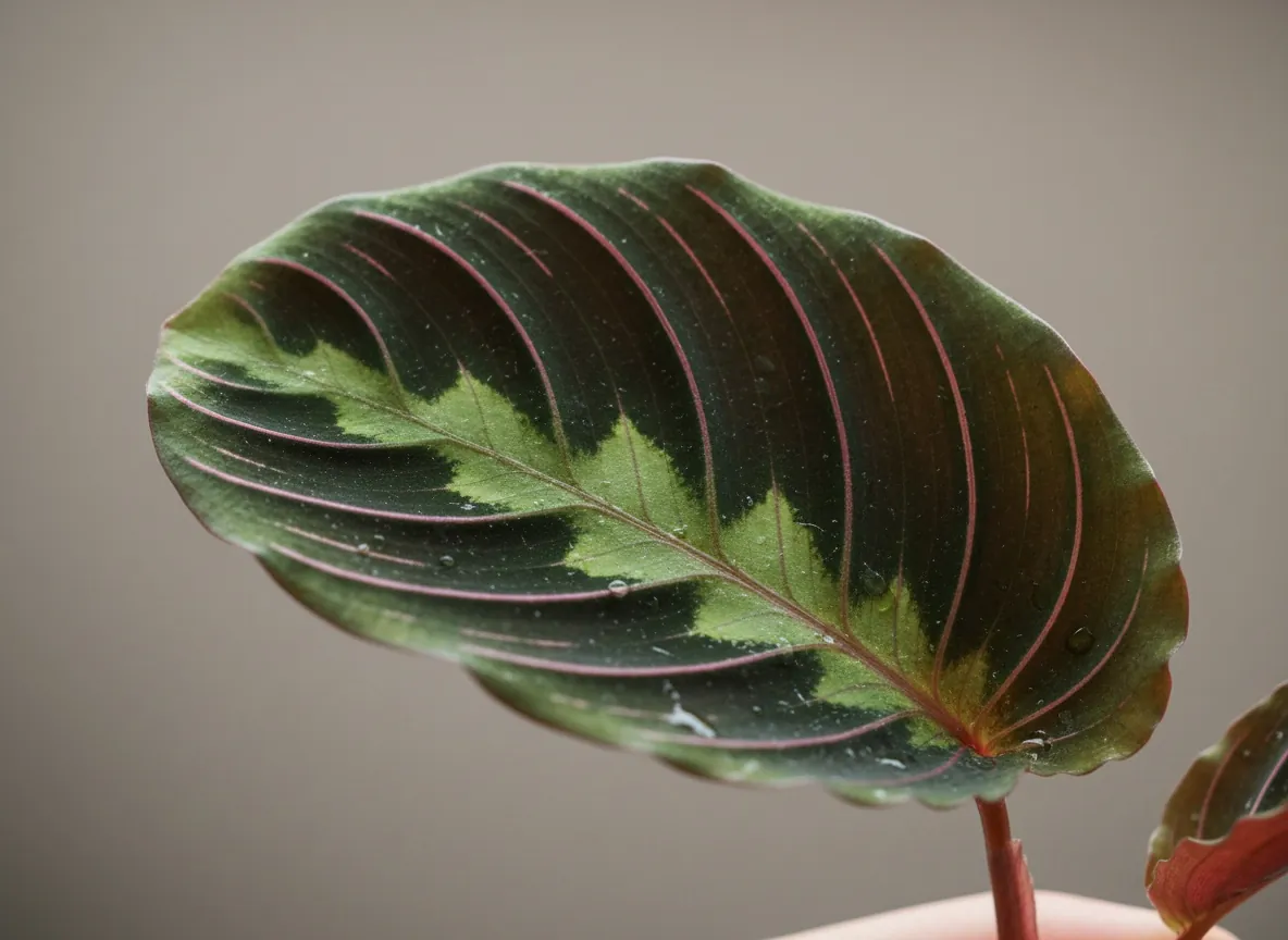 Close-up of a velvety prayer plant leaf with red veins and a light zone along the midrib