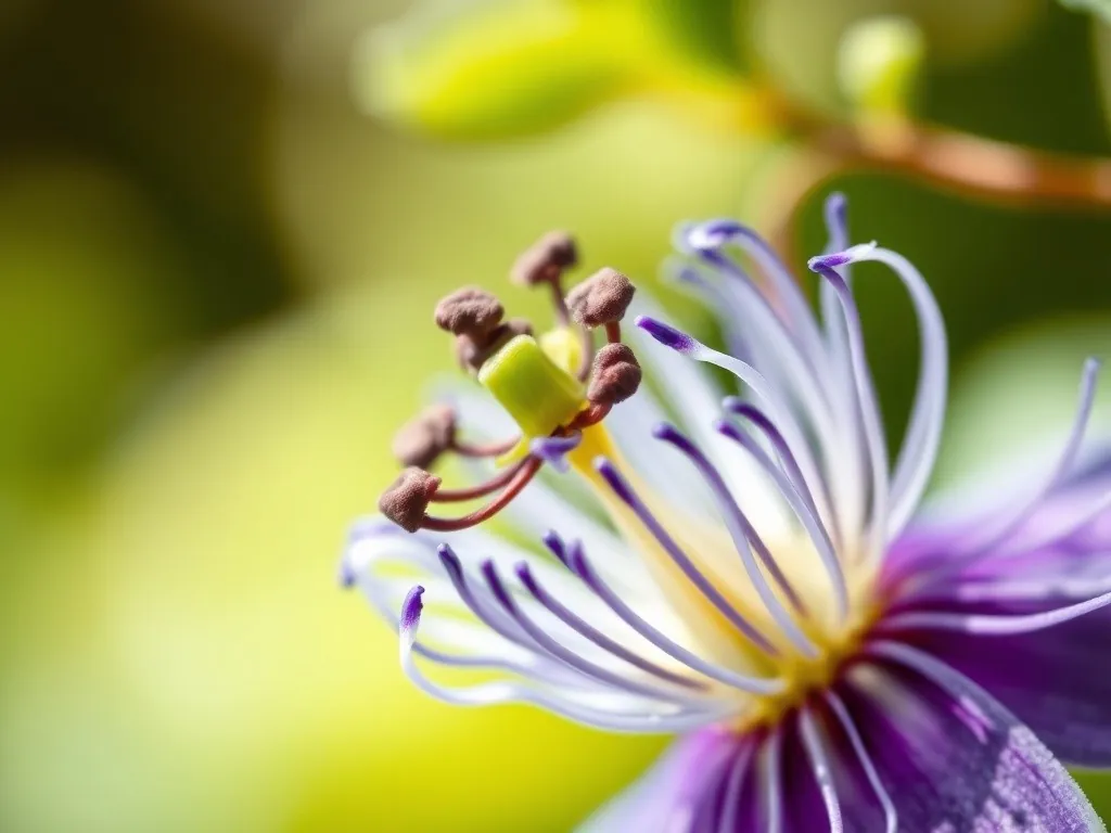 Nahaufnahme einer strahlenförmigen, weiß-blau-violetten Blüte der Blauen Passionsblume