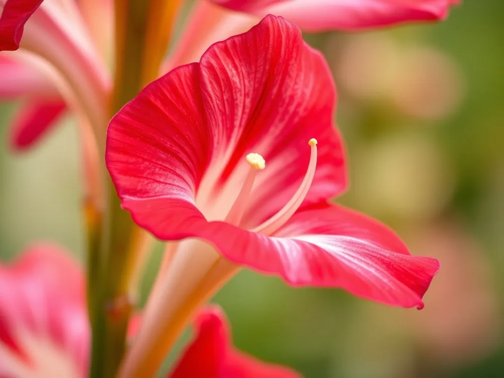 Nahaufnahme einer großen, trichterförmigen Blüte der Gladiole