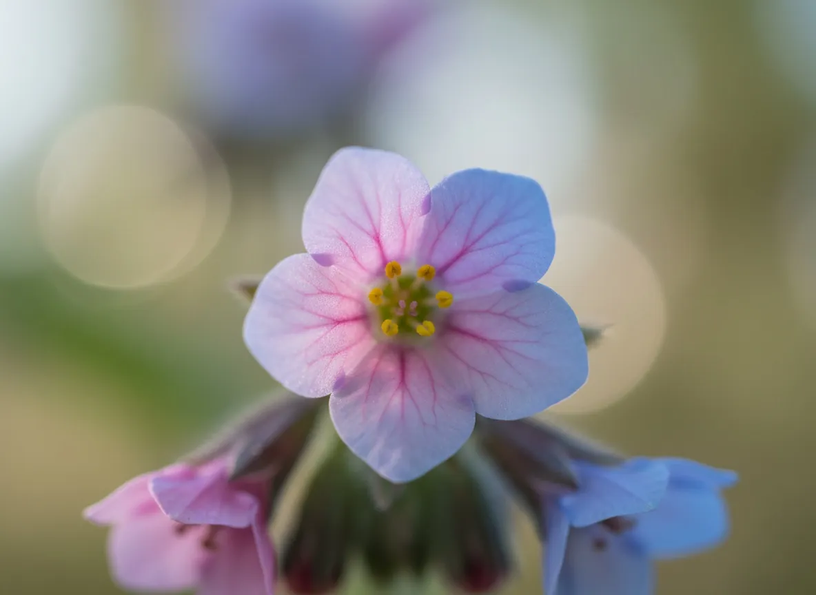 Nahaufnahme der Lungenkrautblüten — rosa und blau zugleich an einem Trieb