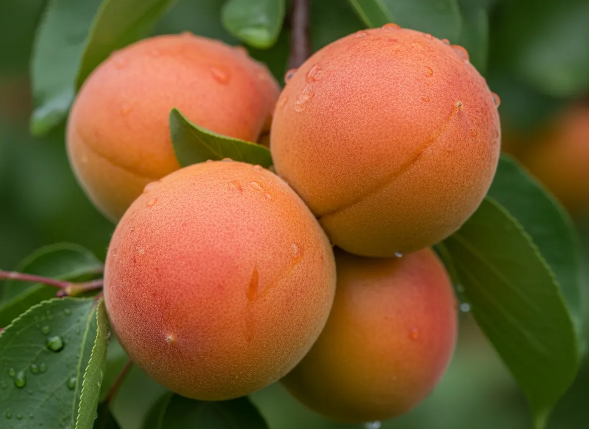Ripe, orange apricots with a reddish blush on the branch
